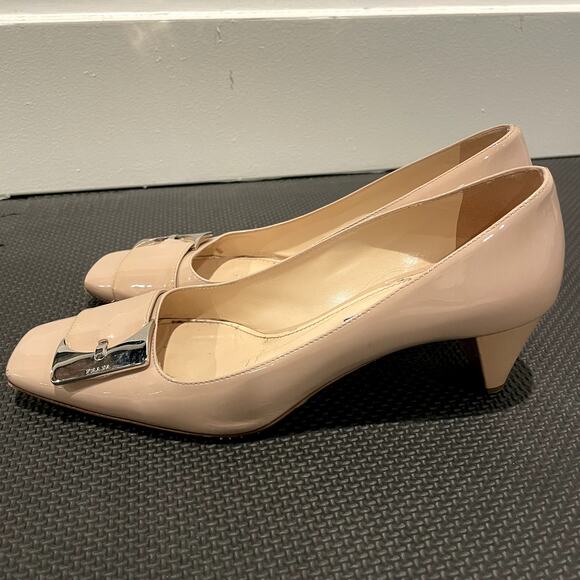 Prada Patent Leather Pumps Square Toe Beige Neutral Silver Women's Size EU 38 - Picture 3 of 5